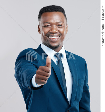 Business, portrait and black man with thumbs up in studio for support, motivation and praise on grey background. Success, face and entrepreneur with OK hand emoji for winning, vote and feedback sign 143630960