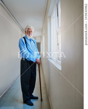 Nursing home, smile and portrait of elderly man with cane for retirement, support and help in mobility. Happy, calm and senior person with disability at hospice for healthcare, recovery and arthritis Nursing home, smile and portrait of elderly man with cane for retirement, support and help in mobility. Happy, calm and senior person with disability at hospice for healthcare, recovery and arthritis 143630962