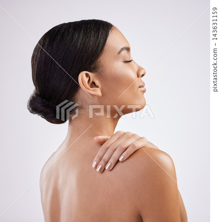 Woman, natural and hand with beauty in studio for skincare, luxury or glow and wellness. Peaceful, cosmetics and spa treatment for dermatology, shine and results by white background with zen Woman, natural and hand with beauty in studio for skincare, luxury or glow and wellness. Peaceful, cosmetics and spa treatment for dermatology, shine and results by white background with zen 143631159