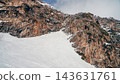 Steep snow-covered slope meeting rugged rocky cliff on Mount Elbrus with textured granite face and winter light 143631761