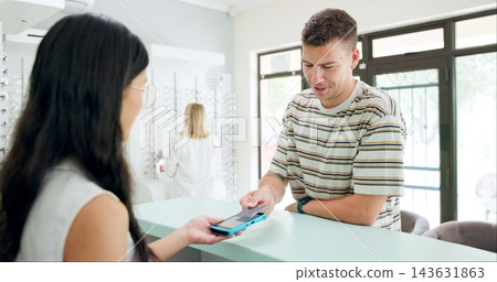 Man, payment and credit card in shop for optometry with pos, fintech or customer experience for eye care. People, sale and machine for banking, shopping or retail discount for healthy vision in store 143631863