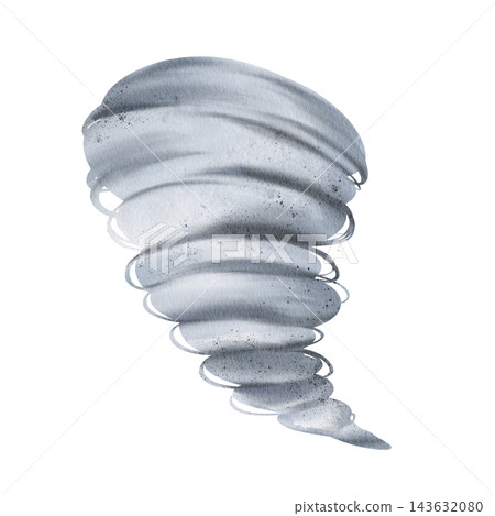 Hand painted watercolor tornado funnel in swirling grey and bluish grey tones, dramatic stormy weather illustration isolated on white background, for forecast, posters, cards and educational design. Hand painted watercolor tornado funnel in swirling grey and bluish grey tones, dramatic stormy weather illustration isolated on white background, for forecast, posters, cards and educational design. 143632080