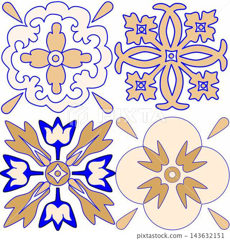 Hand-drawn vector Andalusian tiles pattern. Traditional blue and brown azulejo ceramic ornaments 143632151