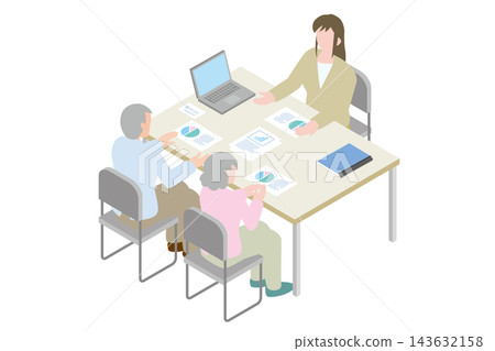 一對老年夫婦和一位穿著西裝的女士正在開會。 143632158
