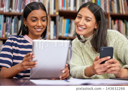 Student, friends and tablet in university library or online research as group project, learning or education. Woman, smile and bookshelf at college campus or teamwork for assignment, exam or studying Student, friends and tablet in university library or online research as group project, learning or education. Woman, smile and bookshelf at college campus or teamwork for assignment, exam or studying 143632266