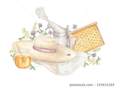 Beekeeping items with wildflowers watercolor isolated illustration. Veiled hat, smoker, honeycomb frame, honey jar, dipper, bee, and clover flowers. Natural sweetener and pollination design. Beekeeping items with wildflowers watercolor isolated illustration. Veiled hat, smoker, honeycomb frame, honey jar, dipper, bee, and clover flowers. Natural sweetener and pollination design. 143632269