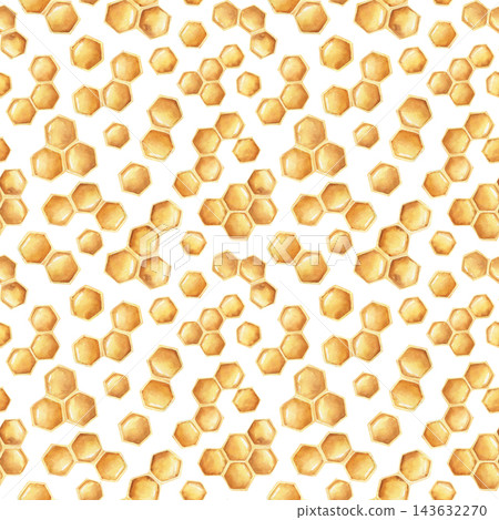 Golden honeycomb hexagon cells seamless watercolor pattern on isolated background. Bee and honey themed surface repeating ornate for honey product, packaging, wrapping paper, and sweet food labels. Golden honeycomb hexagon cells seamless watercolor pattern on isolated background. Bee and honey themed surface repeating ornate for honey product, packaging, wrapping paper, and sweet food labels. 143632270