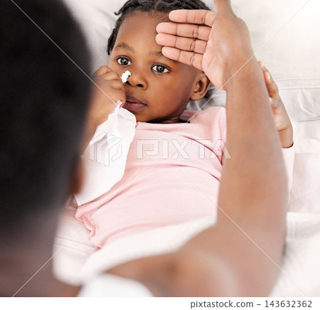 Black family, sick child and hand check temperature in home bedroom with allergy, fever or virus above. Parent, kid and care in bed with support in medical health test for bacteria, disease or flu Black family, sick child and hand check temperature in home bedroom with allergy, fever or virus above. Parent, kid and care in bed with support in medical health test for bacteria, disease or flu 143632362