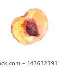 Watercolor illustration of a ripe peach cut in half, showing the brown pit and juicy orange flesh, for food packaging, recipes and summer-themed designs 143632391