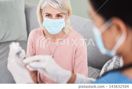 Female, patient and nurse with mask or injection, safety and immunity for illness prevention for contagious disease. Healthcare, professional and senior woman, wellness and appointment treatment 143632504