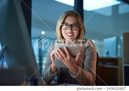 Woman, employee and happy with tablet in office for internet, online and research for ideas. Female person, smile and portrait in confidence for career or job opportunity, growth and proud as hr Woman, employee and happy with tablet in office for internet, online and research for ideas. Female person, smile and portrait in confidence for career or job opportunity, growth and proud as hr 143632667
