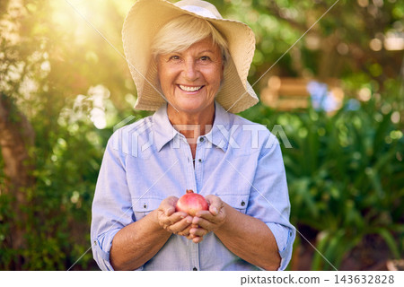 Senior woman, gardening and pomegranate in home backyard with portrait, smile and plant. Hobby, retirement and nursing outdoor with happy elderly botanist for eco friendly sustainable tree and growth Senior woman, gardening and pomegranate in home backyard with portrait, smile and plant. Hobby, retirement and nursing outdoor with happy elderly botanist for eco friendly sustainable tree and growth 143632828