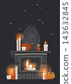 Spooky Halloween fireplace with candles pumpkins mirror spider and web vector illustration 143632845