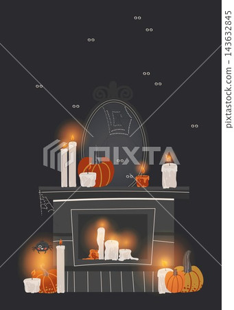 Spooky Halloween fireplace with candles pumpkins mirror spider and web vector illustration Spooky Halloween fireplace with candles pumpkins mirror spider and web vector illustration 143632845