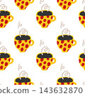 Seamless Pattern with yellow spotted mugs dark drinks and curling steam on White Color background 143632870
