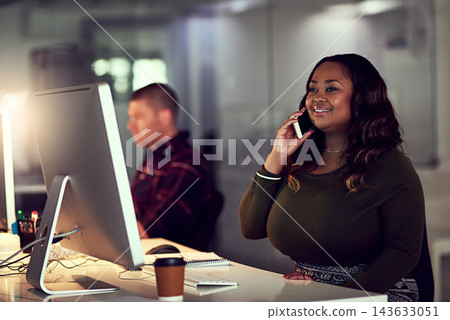 Phone call, cheerful and smile of black woman in office, listening and customer service in startup for editor. Workplace, employee and girl with mobile, communication and copyediting in computer Phone call, cheerful and smile of black woman in office, listening and customer service in startup for editor. Workplace, employee and girl with mobile, communication and copyediting in computer 143633051