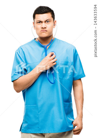 Nurse, portrait and man with funny face in studio for healthcare, stethoscope or diagnosis on white background. Health, lungs and physician for treatment, pulmonary disease or medical evaluation 143633594