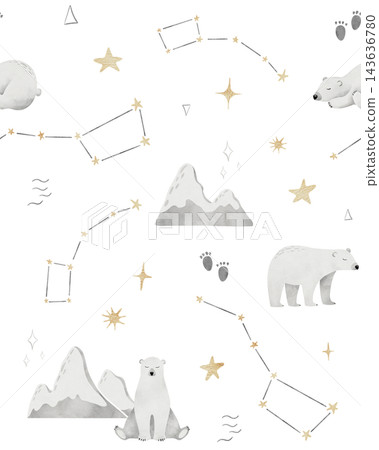 Seamless pattern with polar bear and constellation set of Ursa Minor or Little Dipper and Ursa Major or Great Bear. Watercolor hand painting background with white animal for wrapping paper, fabric 143636780