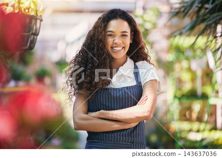 Girl, florist and confident with portrait outdoor for startup, small business and growth of nursery for sustainable retail. Woman, entrepreneur and horticulturist with floral studio with flowers. Girl, florist and confident with portrait outdoor for startup, small business and growth of nursery for sustainable retail. Woman, entrepreneur and horticulturist with floral studio with flowers. 143637036