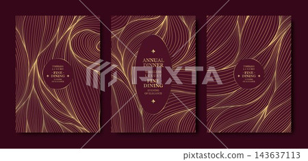 Elegant gold abstract background with geometric patterns, premium lines, refined frame. Art deco wavy gala invitations, VIP event cards, business presentations, posters, flyers, and luxury designs. 143637113