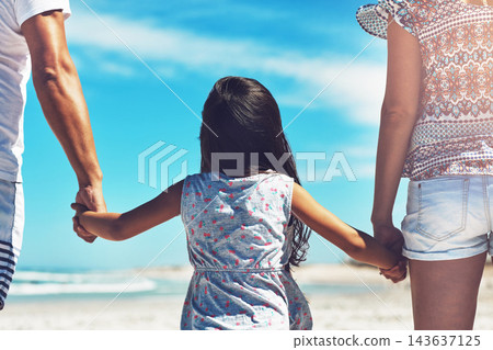 Family, parents and girl child on beach with love for holiday, vacation and development together on trip. Man, woman and kid on seashore for bonding, adventure and explore bali water back view Family, parents and girl child on beach with love for holiday, vacation and development together on trip. Man, woman and kid on seashore for bonding, adventure and explore bali water back view 143637125