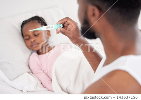 Black family, thermometer and hand of parent with sick child in home bedroom with allergy, fever or virus. Care, kid and check temperature in bed with medical health test for bacteria, flu or problem Black family, thermometer and hand of parent with sick child in home bedroom with allergy, fever or virus. Care, kid and check temperature in bed with medical health test for bacteria, flu or problem 143637156