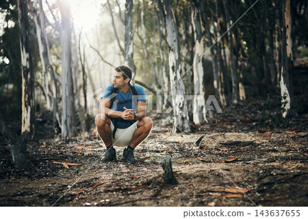 Hiker, backpack and nature for adventure, thinking and person in woods, fitness and sports of wellness. Sightseeing, healthy and man with supplies in bag, ideas and explore in forest and active 143637655