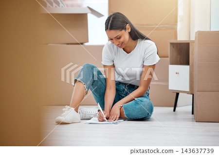 Woman, paperwork and new home with moving boxes for loan agreement or real estate, investment or property. Female person, smile and document signature for finance approval, mortgage or immigration Woman, paperwork and new home with moving boxes for loan agreement or real estate, investment or property. Female person, smile and document signature for finance approval, mortgage or immigration 143637739