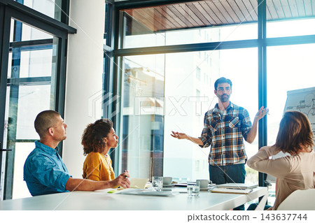 Business people, man and presentation in boardroom with discussion for company growth and financial training. Speaker, employee and meeting in conference room with collaboration on corporate project 143637744