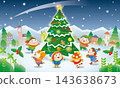 Christmas scene: Children dancing around a Christmas tree on a snowy night. 143638673