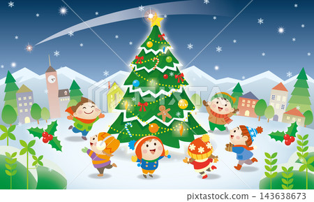 Christmas scene: Children dancing around a Christmas tree on a snowy night. Christmas scene: Children dancing around a Christmas tree on a snowy night. 143638673
