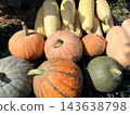 Various types of pumpkins stacked on a plastic pallet in the garden. 143638798