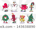 Christmas elements retro 1930s style rubber hose cartoon characters set including oven mitt, snowman, cup, candy cane, wreath, candle, bell and christmas tree, Vector illustration. 143638890
