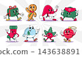 Christmas elements retro 1930s style rubber hose cartoon characters set including gift box, gingerbread man, santa hat, letter, stocking, snowglobe, holly and bauble, Vector illustration. 143638891
