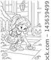 Halloween Coloring Page of a Girl Collecting Candy Beside a Pumpkin 143639499