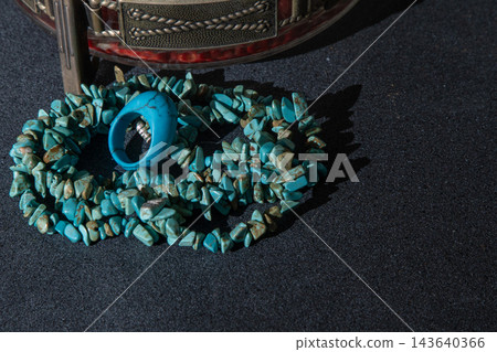 Beads bracelet ring made of turquoise. Jewelry blue color natural materials. Beads bracelet ring made of turquoise. Jewelry blue color natural materials. 143640366