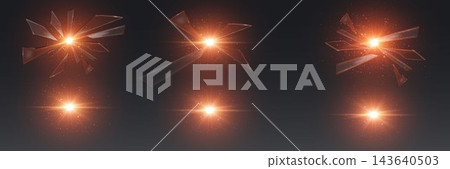 Broken glass shards scattering from a powerful glowing orange light source on dark background Broken glass shards scattering from a powerful glowing orange light source on dark background 143640503