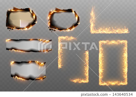 Collection of realistic burning paper and hot fire frames on transparent background 143640534