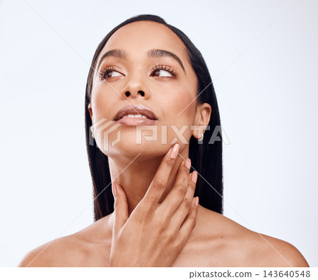 Woman, beauty and face in studio for skincare with glowing, smooth and clear facial. Female model, soft and natural skin after cosmetic treatment, dermatology and self care by white background 143640548