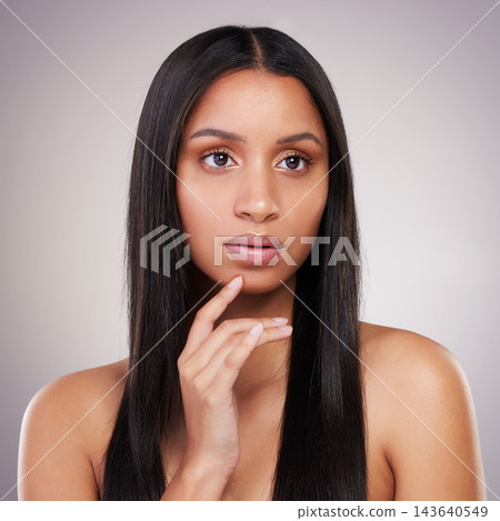 Hair care, thinking and woman in studio for keratin treatment, shampoo or cosmetics on white background. Hairstyle, body and hand of model with beauty for satisfaction, growth or collagen shine Hair care, thinking and woman in studio for keratin treatment, shampoo or cosmetics on white background. Hairstyle, body and hand of model with beauty for satisfaction, growth or collagen shine 143640549
