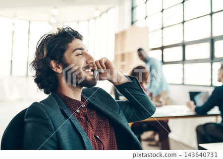 Businessman, phone call and happy with communication in office for b2b negotiation, client networking and consulting. Employee, discussion and professional advice or advisory in coworking workplace Businessman, phone call and happy with communication in office for b2b negotiation, client networking and consulting. Employee, discussion and professional advice or advisory in coworking workplace 143640731