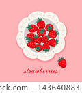 Strawberries on a decorative plate, a cute illustration of berries on a pink background, and an inscription. 143640883