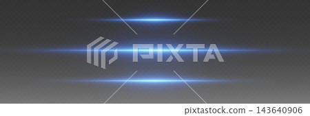 Three horizontal blue light streaks creating a futuristic lens flare effect on a transparent background Three horizontal blue light streaks creating a futuristic lens flare effect on a transparent background 143640906