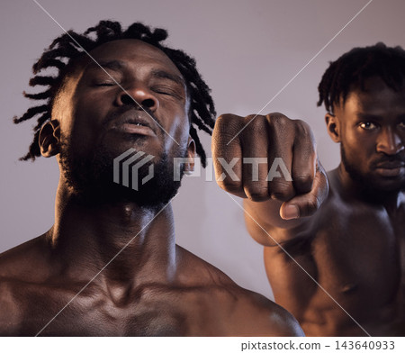 Fight, martial arts and man with punch in studio for strength competition, action exercise or training on gray background. Power, body and male athlete for confidence, challenge or combat sport Fight, martial arts and man with punch in studio for strength competition, action exercise or training on gray background. Power, body and male athlete for confidence, challenge or combat sport 143640933