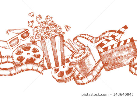 Seamless horizontal border of retro cinema. vector sketch illustration. 143640945