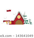 Red wooden cabin with snowman and snowy pine trees 143641049