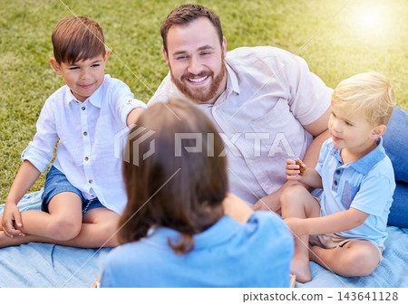 Happy family, mother and kids on picnic in park to relax or smile in nature on holiday together for bonding. Dad, woman or mom with children siblings on blanket, lawn or grass for outdoor vacation Happy family, mother and kids on picnic in park to relax or smile in nature on holiday together for bonding. Dad, woman or mom with children siblings on blanket, lawn or grass for outdoor vacation 143641128