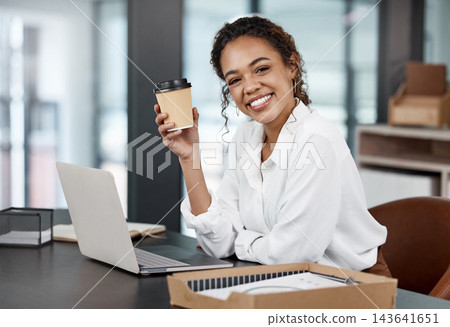 Portrait, laptop and business woman drinking coffee at desk for software development in creative startup office. Face, tea and happy professional on computer, entrepreneur or web developer in Brazil Portrait, laptop and business woman drinking coffee at desk for software development in creative startup office. Face, tea and happy professional on computer, entrepreneur or web developer in Brazil 143641651