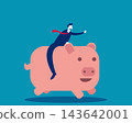 Businessman Riding Piggybank and Moving Forward. Financial Management and Investment Planning 143642001