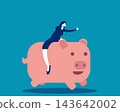 Businesswoman Riding Piggybank and Moving Forward. Financial Management and Investment Planning 143642002